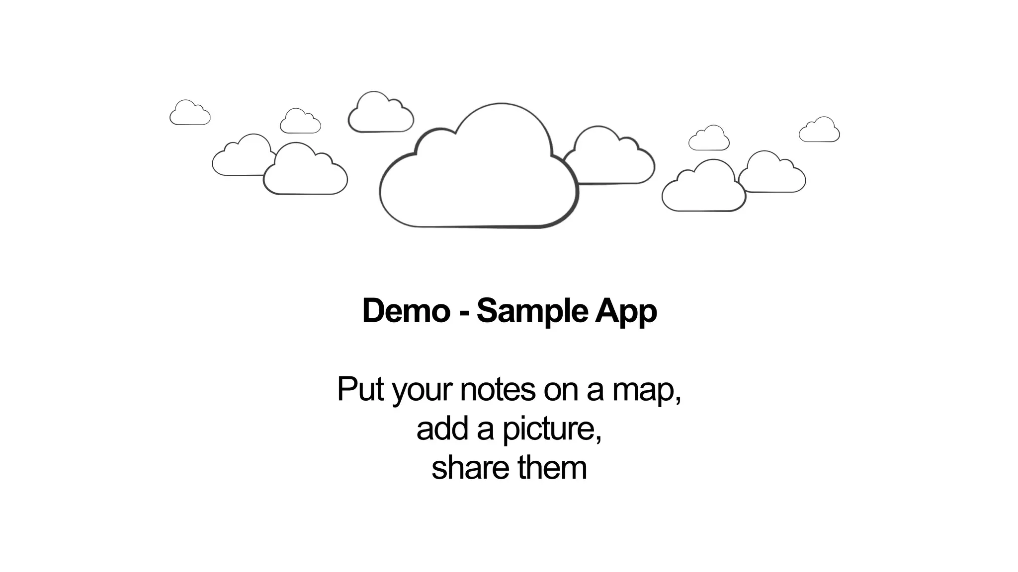 Demo - Sample App
Put your notes on a map,
add a picture,
share them
 