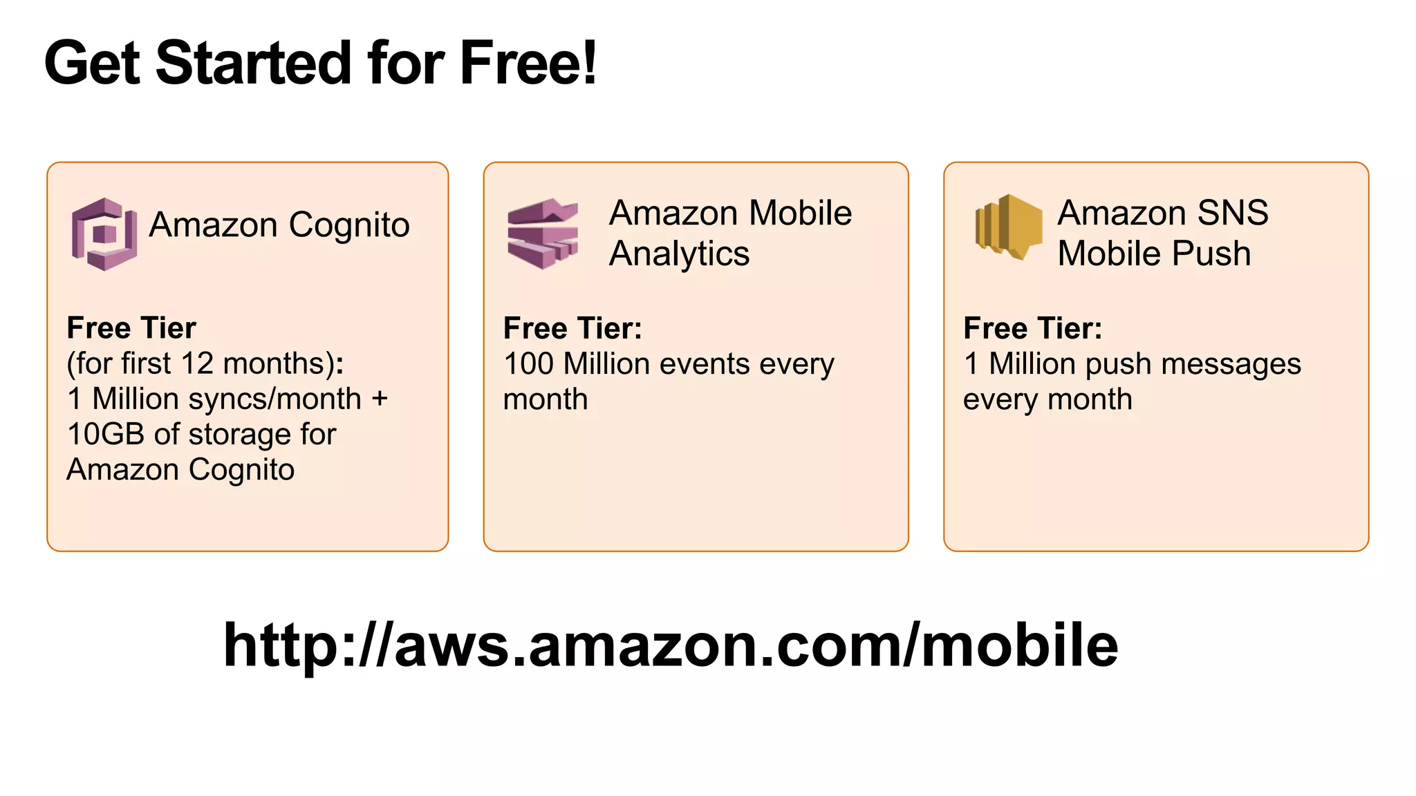 Amazon Cognito Amazon Mobile
Analytics
Amazon SNS
Mobile Push
Free Tier:
1 Million push messages
every month
Free Tier 
(for first 12 months):
1 Million syncs/month +
10GB of storage for
Amazon Cognito
Free Tier:
100 Million events every
month
Get Started for Free!
http://aws.amazon.com/mobile
 