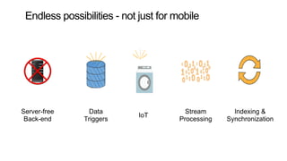 Endless possibilities - not just for mobile
Data
Triggers
Stream
Processing
Indexing &
Synchronization
Server-free
Back-end
IoT
 