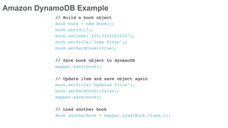 Amazon DynamoDB Example
// Build a book object
Book book = new Book();
book.setId(17);
book.setIsbn("222-2222222222");
book.setTitle("Some Title");
book.setHardCover(true);
// Save book object to dynmaoDB
mapper.save(book);
// Update item and save object again
book.setTitle("Updated Title");
book.setHardCover(false);
mapper.save(book);
// Load another book
Book anotherBook = mapper.load(Book.class,7);
 