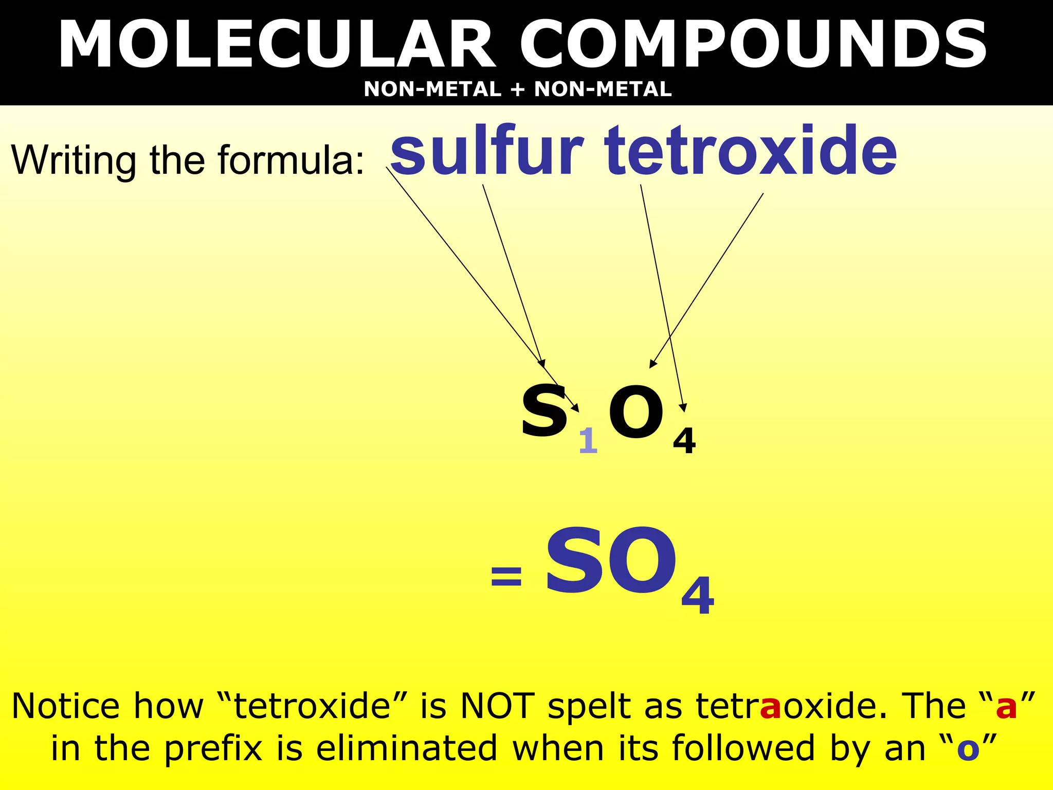 Writing the formula: sulfur tetroxide
MOLECULAR COMPOUNDSNON-METAL + NON-METAL
S O1 4
= SO4
Notice how “tetroxide” is NOT spelt as tetraoxide. The “a”
in the prefix is eliminated when its followed by an “o”
 