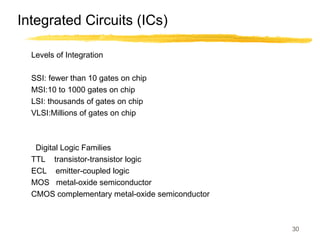 30
Integrated Circuits (ICs)
Levels of Integration
SSI: fewer than 10 gates on chip
MSI:10 to 1000 gates on chip
LSI: thousands of gates on chip
VLSI:Millions of gates on chip
Digital Logic Families
TTL transistor-transistor logic
ECL emitter-coupled logic
MOS metal-oxide semiconductor
CMOS complementary metal-oxide semiconductor
 