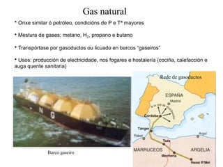 • Orixe similar ó petróleo, condicións de P e Tª mayores
• Mestura de gases: metano, H2, propano e butano
• Transpórtase por gasoductos ou licuado en barcos “gaseiros”
• Usos: producción de electricidade, nos fogares e hostalería (cociña, calefacción e
auga quente sanitaria)
Gas natural
Barco gaseiro
Rede de gasoductos
 