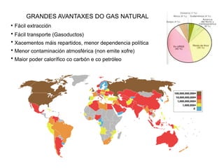 GRANDES AVANTAXES DO GAS NATURAL
• Fácil extracción
• Fácil transporte (Gasoductos)
• Xacementos máis repartidos, menor dependencia política
• Menor contaminación atmosférica (non emite xofre)
• Maior poder calorífico co carbón e co petróleo
 
