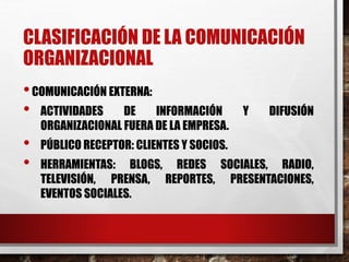 CLASIFICACIÓN DE LA COMUNICACIÓN
ORGANIZACIONAL
•COMUNICACIÓN EXTERNA:
• ACTIVIDADES DE INFORMACIÓN Y DIFUSIÓN
ORGANIZACIONAL FUERA DE LA EMPRESA.
• PÚBLICO RECEPTOR: CLIENTES Y SOCIOS.
• HERRAMIENTAS: BLOGS, REDES SOCIALES, RADIO,
TELEVISIÓN, PRENSA, REPORTES, PRESENTACIONES,
EVENTOS SOCIALES.
 