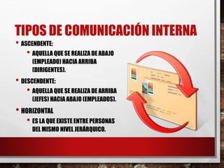 TIPOS DE COMUNICACIÓN INTERNA
• ASCENDENTE:
• AQUELLA QUE SE REALIZA DE ABAJO
(EMPLEADO) HACIA ARRIBA
(DIRIGENTES).
• DESCENDENTE:
• AQUELLA QUE SE REALIZA DE ARRIBA
(JEFES) HACIA ABAJO (EMPLEADOS).
• HORIZONTAL
• ES LA QUE EXISTE ENTRE PERSONAS
DEL MISMO NIVEL JERÁRQUICO.
 