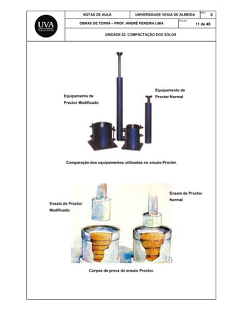 NOTAS DE AULA UNIVERSIDADE VEIGA DE ALMEIDA
REV.
0
OBRAS DE TERRA – PROF. ANDRÉ PEREIRA LIMA
FOLHA:
11 de 48
UNIDADE 02. COMPACTAÇÃO DOS SOLOS
Comparação dos equipamentos utilizados no ensaio Proctor.
Corpos de prova do ensaio Proctor.
Equipamento de
Proctor Modificado
Equipamento de
Proctor Normal
Ensaio de Proctor
Normal
Ensaio de Proctor
Modificado
 