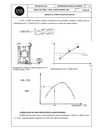 NOTAS DE AULA UNIVERSIDADE VEIGA DE ALMEIDA
REV.
0
OBRAS DE TERRA – PROF. ANDRÉ PEREIRA LIMA
FOLHA:
35 de 48
UNIDADE 02. COMPACTAÇÃO DOS SOLOS
O ISC ou CBR da amostra é obtido comparando-se as pressões corrigidas e padrão para as
penetrações de 0,1" (2,54mm) e 0,2” (5,08mm), tornando-se o maior dos valores obtidos.
)''2,0''1,0(
)''2,0''1,0(
)(
ouP
ouP
ISCCBR
padrão
corrigida

CORRELAÇÃO DO CBR COM OUTROS CLASSIFICADORES
O CBR será calculado, para o mesmo padrão de carga e penetração (1.000 psi e 1.500 psi, para
0,1” e 0,2”, respectivamente), adotando-se o maior dos valores encontrados.
Determinação do I.S.C. (UFBA, 2001)
Equipamento utilizado na determinação do I.S.C.
ou CBR (Vargas, 1977)
 