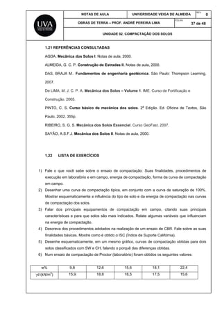 NOTAS DE AULA UNIVERSIDADE VEIGA DE ALMEIDA
REV.
0
OBRAS DE TERRA – PROF. ANDRÉ PEREIRA LIMA
FOLHA:
37 de 48
UNIDADE 02. COMPACTAÇÃO DOS SOLOS
1.21 REFERÊNCIAS CONSULTADAS
AGDA. Mecânica dos Solos I. Notas de aula, 2000.
ALMEIDA, G. C. P. Construção de Estradas II. Notas de aula, 2000.
DAS, BRAJA M.. Fundamentos de engenharia geotécnica. São Paulo: Thompson Learning,
2007.
De LIMA, M. J. C. P. A. Mecânica dos Solos – Volume 1. IME. Curso de Fortificação e
Construção. 2005.
PINTO, C. S. Curso básico de mecânica dos solos. 2a
Edição. Ed. Oficina de Textos, São
Paulo, 2002. 355p.
RIBEIRO, S. G. S. Mecânica dos Solos Essencial. Curso GeoFast. 2007.
SAYÃO, A.S.F.J. Mecânica dos Solos II. Notas de aula, 2000.
1.22 LISTA DE EXERCÍCIOS
1) Fale o que você sabe sobre o ensaio de compactação: Suas finalidades, procedimentos de
execução em laboratório e em campo, energia de compactação, forma da curva de compactação
em campo.
2) Desenhar uma curva de compactação típica, em conjunto com a curva de saturação de 100%.
Mostrar esquematicamente a influência do tipo de solo e da energia de compactação nas curvas
de compactação dos solos.
3) Falar dos principais equipamentos de compactação em campo, citando suas principais
características e para que solos são mais indicados. Relate algumas variáveis que influenciam
na energia de compactação.
4) Descreva dos procedimentos adotados na realização de um ensaio de CBR. Fale sobre as suas
finalidades básicas. Mostre como é obtido o ISC (Índice de Suporte Califórnia).
5) Desenhe esquematicamente, em um mesmo gráfico, curvas de compactação obtidas para dois
solos classificados com SW e CH, falando o porquê das diferenças obtidas.
6) Num ensaio de compactação de Proctor (laboratório) foram obtidos os seguintes valores:
w% 9,8 12,6 15,6 18,1 22,4
d (kN/m3
) 15,9 18,8 18,5 17,5 15,6
 