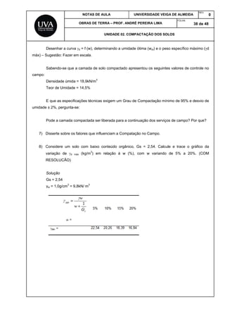 NOTAS DE AULA UNIVERSIDADE VEIGA DE ALMEIDA
REV.
0
OBRAS DE TERRA – PROF. ANDRÉ PEREIRA LIMA
FOLHA:
38 de 48
UNIDADE 02. COMPACTAÇÃO DOS SOLOS
Desenhar a curva d = f (w), determinando a umidade ótima (wot) e o peso específico máximo (d
máx) – Sugestão: Fazer em escala.
Sabendo-se que a camada de solo compactado apresentou os seguintes valores de controle no
campo:
Densidade úmida = 18,9kN/m3
Teor de Umidade = 14,5%
E que as especificações técnicas exigem um Grau de Compactação mínimo de 95% e desvio de
umidade ± 2%, pergunta-se:
Pode a camada compactada ser liberada para a continuação dos serviços de campo? Por que?
7) Disserte sobre os fatores que influenciam a Compatação no Campo.
8) Considere um solo com baixo conteúdo orgânico, Gs = 2,54. Calcule e trace o gráfico da
variação de d máx (kg/m3
) em relação à w (%), com w variando de 5% a 20%. (COM
RESOLUCÃO)
Solução
Gs = 2,54
γw = 1,0g/cm3
= 9,8kN/ m3
 