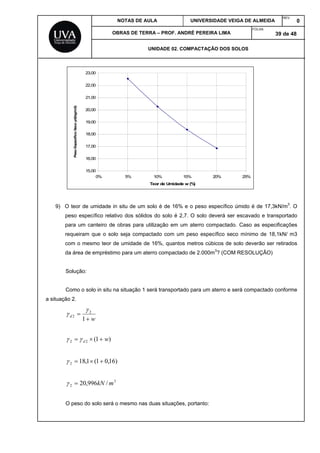 NOTAS DE AULA UNIVERSIDADE VEIGA DE ALMEIDA
REV.
0
OBRAS DE TERRA – PROF. ANDRÉ PEREIRA LIMA
FOLHA:
39 de 48
UNIDADE 02. COMPACTAÇÃO DOS SOLOS
15,00
16,00
17,00
18,00
19,00
20,00
21,00
22,00
23,00
0% 5% 10% 15% 20% 25%
Teor de Umidade w (%)
PesoEspecíficoSecoyd(kg/m3)
9) O teor de umidade in situ de um solo é de 16% e o peso específico úmido é de 17,3kN/m3
. O
peso específico relativo dos sólidos do solo é 2,7. O solo deverá ser escavado e transportado
para um canteiro de obras para utilização em um aterro compactado. Caso as especificações
requeiram que o solo seja compactado com um peso específico seco mínimo de 18,1kN/ m3
com o mesmo teor de umidade de 16%, quantos metros cúbicos de solo deverão ser retirados
da área de empréstimo para um aterro compactado de 2.000m3
? (COM RESOLUÇÃO)
Solução:
Como o solo in situ na situação 1 será transportado para um aterro e será compactado conforme
a situação 2.
w
d


1
2
2


)1(22 wd  
)16,01(1,182 
3
2 /996,20 mkN
O peso do solo será o mesmo nas duas situações, portanto:
 