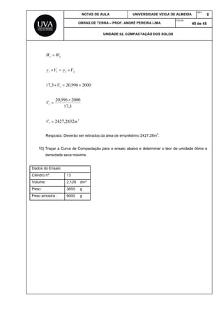 NOTAS DE AULA UNIVERSIDADE VEIGA DE ALMEIDA
REV.
0
OBRAS DE TERRA – PROF. ANDRÉ PEREIRA LIMA
FOLHA:
40 de 48
UNIDADE 02. COMPACTAÇÃO DOS SOLOS
21 WW 
2211 VV  
2000996,203,17 1 V
3,17
2000996,20
1

V
3
1 2832,2427 mV 
Resposta: Deverão ser retirados da área de empréstimo 2427,28m3
.
10) Traçar a Curva de Compactação para o ensaio abaixo e determinar o teor de umidade ótima e
densidade seca máxima.
Dados do Ensaio
Cilindro nº: 13
Volume: 2,128 dm³
Peso: 3655 g
Peso amostra : 6000 g
 