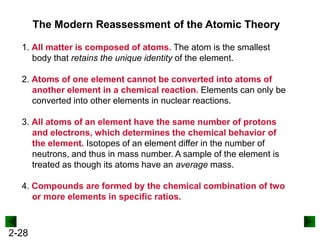 2-28
The Modern Reassessment of the Atomic Theory
1. All matter is composed of atoms. The atom is the smallest
body that retains the unique identity of the element.
2. Atoms of one element cannot be converted into atoms of
another element in a chemical reaction. Elements can only be
converted into other elements in nuclear reactions.
3. All atoms of an element have the same number of protons
and electrons, which determines the chemical behavior of
the element. Isotopes of an element differ in the number of
neutrons, and thus in mass number. A sample of the element is
treated as though its atoms have an average mass.
4. Compounds are formed by the chemical combination of two
or more elements in specific ratios.
 