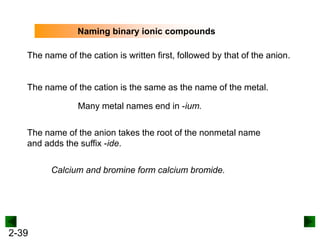 2-39
Naming binary ionic compounds
The name of the cation is the same as the name of the metal.
Many metal names end in -ium.
The name of the anion takes the root of the nonmetal name
and adds the suffix -ide.
Calcium and bromine form calcium bromide.
The name of the cation is written first, followed by that of the anion.
 