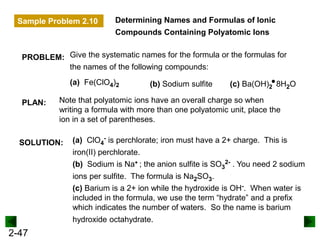 2-47
Determining Names and Formulas of Ionic
Compounds Containing Polyatomic Ions
PLAN:
SOLUTION:
Note that polyatomic ions have an overall charge so when
writing a formula with more than one polyatomic unit, place the
ion in a set of parentheses.
PROBLEM: Give the systematic names for the formula or the formulas for
the names of the following compounds:
(a) Fe(ClO4)2 (b) Sodium sulfite
(a) ClO4
- is perchlorate; iron must have a 2+ charge. This is
iron(II) perchlorate.
(b) Sodium is Na+ ; the anion sulfite is SO3
2- . You need 2 sodium
ions per sulfite. The formula is Na2SO3.
(c) Barium is a 2+ ion while the hydroxide is OH-. When water is
included in the formula, we use the term “hydrate” and a prefix
which indicates the number of waters. So the name is barium
hydroxide octahydrate.
(c) Ba(OH)2 8H2O
Sample Problem 2.10
 