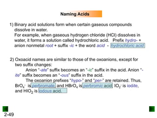 2-49
Naming Acids
1) Binary acid solutions form when certain gaseous compounds
dissolve in water.
For example, when gaseous hydrogen chloride (HCl) dissolves in
water, it forms a solution called hydrochloric acid. Prefix hydro- +
anion nonmetal root + suffix -ic + the word acid - hydrochloric acid
2) Oxoacid names are similar to those of the oxoanions, except for
two suffix changes:
Anion “-ate” suffix becomes an “-ic” suffix in the acid. Anion “-
ite” suffix becomes an “-ous” suffix in the acid.
The oxoanion prefixes “hypo-” and “per-” are retained. Thus,
BrO4
- is perbromate, and HBrO4 is perbromic acid; IO2
- is iodite,
and HIO2 is iodous acid.
 