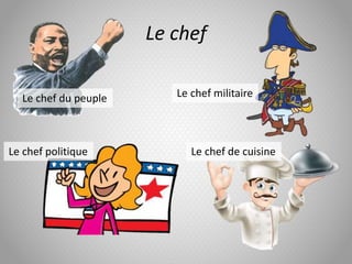 Le chef
Le chef du peuple Le chef militaire
Le chef politique Le chef de cuisine
 
