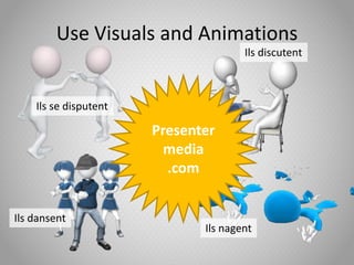 Use Visuals and Animations
Ils se disputent
Ils discutent
Ils dansent
Ils nagent
Presenter
media
.com
 