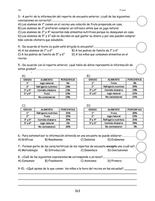 JGG 5° grado
163
3.- A partir de la información del reporte de encuesta anterior, ¿cuál de las siguientes
conclusiones es correcta?...........................................................................................................................
A) Los alumnos de 1° comen en el recreo una colación de fruta preparada en casa.
B) Los alumnos de 2° prefieren comprar un refresco antes que un jugo natural.
C) Los alumnos de 3° y 4° necesitan más alimentos nutritivos porque no desayunan en casa.
D) Los alumnos de 5° y 6° aún no deciden en qué gastar su dinero y por eso pueden comprar
más comida chatarra que saludable.
4.- De acuerdo al texto ¿a quién está dirigida la encuesta?...............................................................
A) A los alumnos de 1° a 6° B) A los padres de familia de 1° a 6°
C) A los padres de familia de 5° y 6° D) A los niños que consumen alimentos en el
recreo
5.- De acuerdo con el reporte anterior, ¿qué tabla de datos representa la información de
estos grados?.................................................................................................................................................
6.- Para sistematizar la información obtenida en una encuesta se puede elaborar:…………………
A) Gráficas B) Resúmenes C) Debates D) Exámenes
7.- Forman parte de las características de los reportes de encuesta excepto una ¿cuál es?...
A) Metodología B) Introducción C) Desenlace D) Conclusiones
8.- ¿Cuál de las siguientes expresiones no corresponde a un nexo?.................................................
A) Consumen B) Finalmente C) Asimismo D) Primero
9-10.- ¿Qué opinas de lo que comen los niños a la hora del recreo en las escuelas? _______
____________________________________________________________________
____________________________________________________________________
____________________________________________________________________
 