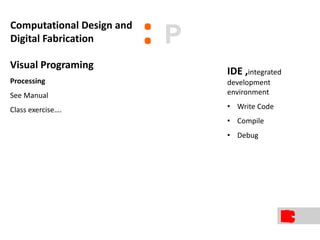 Visual Programing
Processing
See Manual
Class exercise….
:Computational Design and
Digital Fabrication P
IDE ,integrated
development
environment
• Write Code
• Compile
• Debug
 