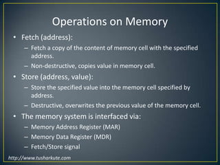  ...Store data and programExecute programDo arithmetic/logic operationsrequested by programThe Von Neumann ArchitectureBusMemoryProcessor (CPU)Input-OutputControl UnitALUhttp://www.tusharkute.com 