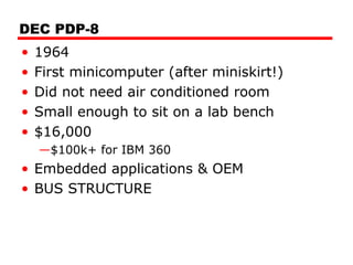 DEC PDP-8
• 1964
• First minicomputer (after miniskirt!)
• Did not need air conditioned room
• Small enough to sit on a lab bench
• $16,000
—$100k+ for IBM 360
• Embedded applications & OEM
• BUS STRUCTURE
 