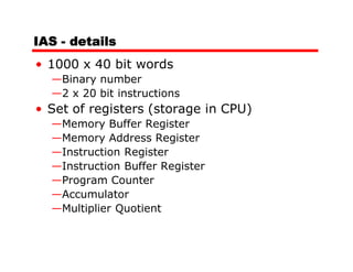 IAS - details
• 1000 x 40 bit words
  —Binary number
  —2 x 20 bit instructions
• Set of registers (storage in CPU)
  —Memory Buffer Register
  —Memory Address Register
  —Instruction Register
  —Instruction Buffer Register
  —Program Counter
  —Accumulator
  —Multiplier Quotient
 