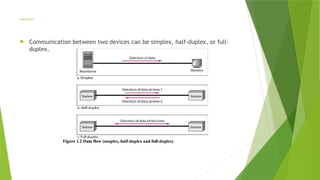 Data Flow:
 Communication between two devices can be simplex, half-duplex, or full-
duplex.
 