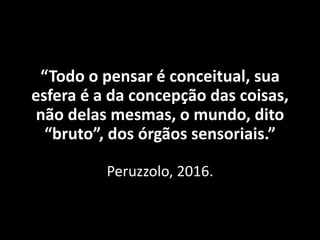 “Todo o pensar é conceitual, sua
esfera é a da concepção das coisas,
não delas mesmas, o mundo, dito
“bruto”, dos órgãos sensoriais.”
Peruzzolo, 2016.
 