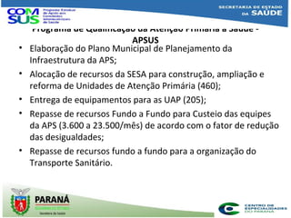 Programa de Qualificação da Atenção Primária à Saúde -
APSUS
• Elaboração do Plano Municipal de Planejamento da
Infraestrutura da APS;
• Alocação de recursos da SESA para construção, ampliação e
reforma de Unidades de Atenção Primária (460);
• Entrega de equipamentos para as UAP (205);
• Repasse de recursos Fundo a Fundo para Custeio das equipes
da APS (3.600 a 23.500/mês) de acordo com o fator de redução
das desigualdades;
• Repasse de recursos fundo a fundo para a organização do
Transporte Sanitário.
 