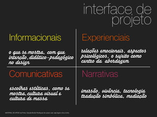 interface de
projeto
Informacionais
o que se mostra, com que
intenção,didático-pedagógico
no design

Comunicativas
escolhas estéticas, como se
mostra,cultura visual e
cultura de massa
MATERIAL DE APOIO da Profa. Claudia Bordin Rodrigues Se quiser usar, seja legal e cite a fonte.

Experienciais
relações emocionais, aspectos
psicológicos, o sujeito como
centro
2 da abordagem

Narrativas
imersão, vivência, tecnologia
1tradução simbólica, mediação

 