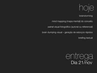 hoje
brainstorming
mind mapping (mapa mental) do conceito
painel visual fotográﬁco (autoral ou referencial)
brain dumping visual – geração de esboços rápidos
brieﬁng textual

entrega
Dia 21/nov

 