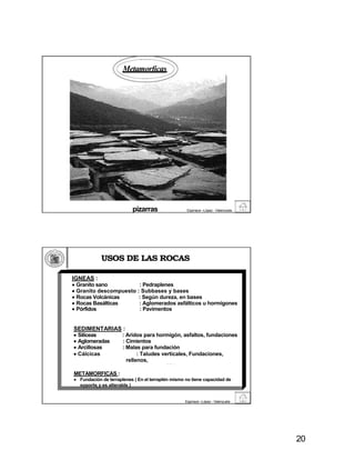 Metamorficas 
pizarras Espinace –López - Valenzuela 
USOS DE LAS ROCAS 
IGNEAS : 
 Granito sano : Pedraplenes 
 Granito descompuesto : Subbases y bases 
 Rocas Volcánicas : Según dureza, en bases 
 Rocas Basálticas : Aglomerados asfálticos u hormigones 
 Pórfidos : Pavimentos 
SEDIMENTARIAS : 
 Silíceas : Aridos para hormigón, asfaltos, fundaciones 
 Aglomeradas : Cimientos 
 Arcillosas : Malas para fundación 
 Cálcicas : Taludes verticales, Fundaciones, 
rellenos, 
aglomerados asfálticos. 
METAMORFICAS : 
 Fundación de terraplenes ( En el terraplén mismo no tiene capacidad de 
Espinace –López - Valenzuela 
soporte y es alterable ) 
20 
 