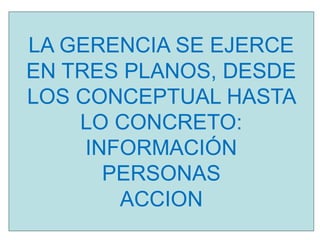 LA GERENCIA SE EJERCE
EN TRES PLANOS, DESDE
LOS CONCEPTUAL HASTA
LO CONCRETO:
INFORMACIÓN
PERSONAS
ACCION
 