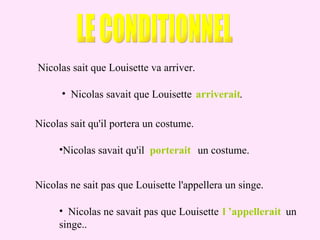 LE CONDITIONNEL Nicolas sait que Louisette va arriver. ,[object Object],arriverait Nicolas sait qu'il portera un costume. ,[object Object],porterait Nicolas ne sait pas que Louisette l'appellera un singe. ,[object Object],l ’appellerait 