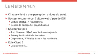 Be creative. Make sense. www.creativedata.fr
+  Chaque client a une perception unique du sujet.
+  Secteur e-commerce. Culture web / peu de DSI
§  Culture startup -> résultat first.
§  Besoin de pédagogie, sensibilisation
+  Secteur Retail :
§  Tout l’inverse : SAAS, mobile inenvisageable
§  Prérequis sécurité très important 
§  On-premise / VPN site à site / FW Hardware
+  Et le Cloud ?
§  Un autre sujet…
35
La réalité terrain!
 