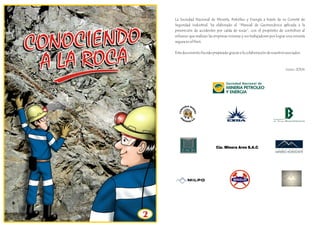 2 
La Sociedad Nacional de Minería, Petróleo y Energía a través de su Comité de 
Seguridad Industrial, ha elaborado el “Manual de Geomecánica aplicada a la 
prevención de accidentes por caída de rocas”, con el propósito de contribuir al 
esfuerzo que realizan las empresas mineras y sus trabajadores por lograr una minería 
segura en el Perú. 
Este documento ha sido preparado gracias a la colaboración de nuestros asociados. 
Junio 2004 
 