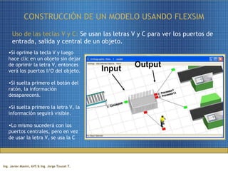 CONSTRUCCIÓN DE UN MODELO USANDO FLEXSIM Uso de las teclas V y C:  Se usan las letras V y C para ver los puertos de entrada, salida y central de un objeto.  Si oprime la tecla V y luego hace clic en un objeto sin dejar de oprimir la letra V, entonces verá los puertos I/O del objeto.  Si suelta primero el botón del ratón, la información desaparecerá.  Si suelta primero la letra V, la información seguirá visible. Lo mismo sucederá con los puertos centrales, pero en vez de usar la letra V, se usa la C 