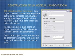 CONSTRUCCIÓN DE UN MODELO USANDO FLEXSIM GUI (Graphical User Interfase):  Cada objeto tiene su propia interfaz gráfica del usuario, conocida como GUI por sus siglas en inglés (Graphical User Interface), que sirve para añadir los datos y la lógica.  Haciendo un doble click sobre un objeto se accede al GUI del objeto llamado ventana de parámetros. Como cada objeto posee una ventana de parámetros distinta, a lo largo del curso se irá detallando cada una de ellas. 