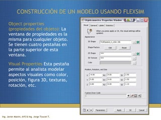 CONSTRUCCIÓN DE UN MODELO USANDO FLEXSIM Object properties (propiedades del objeto):  La ventana de propiedades es la misma para cualquier objeto. Se tienen cuatro pestañas en la parte superior de esta ventana. Visual Properties  Esta pestaña permite al analista modelar aspectos visuales como color, posición, figura 3D, texturas, rotación, etc. 
