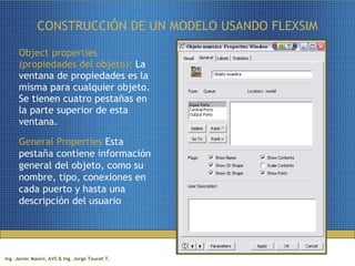 CONSTRUCCIÓN DE UN MODELO USANDO FLEXSIM Object properties (propiedades del objeto):  La ventana de propiedades es la misma para cualquier objeto. Se tienen cuatro pestañas en la parte superior de esta ventana. General Properties  Esta pestaña contiene información general del objeto, como su nombre, tipo, conexiones en cada puerto y hasta una descripción del usuario 