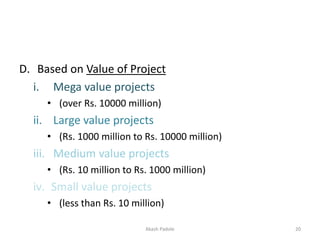 D. Based on Value of Project
i. Mega value projects
• (over Rs. 10000 million)
ii. Large value projects
• (Rs. 1000 million to Rs. 10000 million)
iii. Medium value projects
• (Rs. 10 million to Rs. 1000 million)
iv. Small value projects
• (less than Rs. 10 million)
Akash Padole 20
 