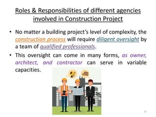Roles & Responsibilities of different agencies
involved in Construction Project
• No matter a building project’s level of complexity, the
construction process will require diligent oversight by
a team of qualified professionals.
• This oversight can come in many forms, as owner,
architect, and contractor can serve in variable
capacities.
Akash Padole 37
 