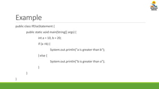 Example
public class IfElseStatement {
public static void main(String[] args) {
int a = 10, b = 20;
if (a >b) {
System.out.println("a is greater than b");
} else {
System.out.println("b is greater than a");
}
}
}
 