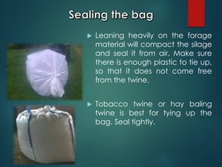  Leaning heavily on the forage
material will compact the silage
and seal it from air. Make sure
there is enough plastic to tie up,
so that it does not come free
from the twine.
 Tobacco twine or hay baling
twine is best for tying up the
bag. Seal tightly.
 