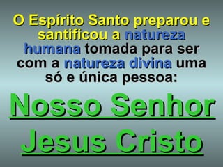 O Espírito Santo preparou e santificou a   natureza humana  tomada para ser com a  natureza divina  uma só e única pessoa: Nosso Senhor Jesus Cristo 
