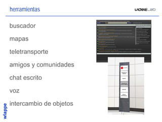herramientas

buscador

mapas

teletransporte

amigos y comunidades

chat escrito

voz

intercambio de objetos

                         12
 
