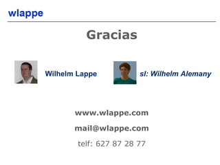 Gracias


Wilhelm Lappe           sl: Wilhelm Alemany




       www.wlappe.com

       mail@wlappe.com

        telf: 627 87 28 77

                                         30
 