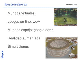 tipos de metaversos

• Mundos virtuales

• Juegos on-line: wow

• Mundos espejo: google earth

• Realidad aumentada

• Simulaciones


                                4
 