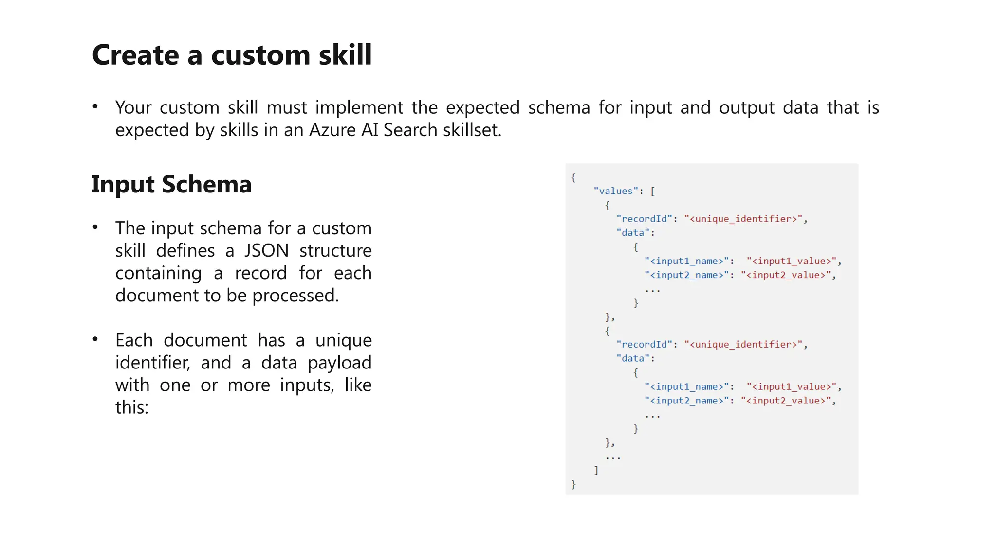 Create a custom skill
• Your custom skill must implement the expected schema for input and output data that is
expected by skills in an Azure AI Search skillset.
Input Schema
• The input schema for a custom
skill defines a JSON structure
containing a record for each
document to be processed.
• Each document has a unique
identifier, and a data payload
with one or more inputs, like
this:
 